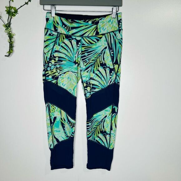 Lilly Pulitzer Blue Green Tropical Mesh Insert Workout Pants - Picture 1 of 13